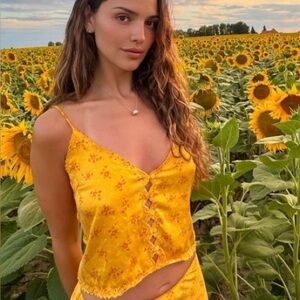 Doen Elise Silk Satin Eyelet Cami Camisole Tank Top Goldenrod Hillside Heather